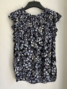 LOFT Black Floral Ruffle Sleeve Blouse with Lavender Accents